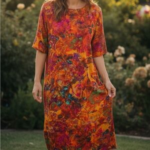 Peruvian Connection Dress Womens XL Orange Floral Cotton Maxi Kaftan Boho Travel